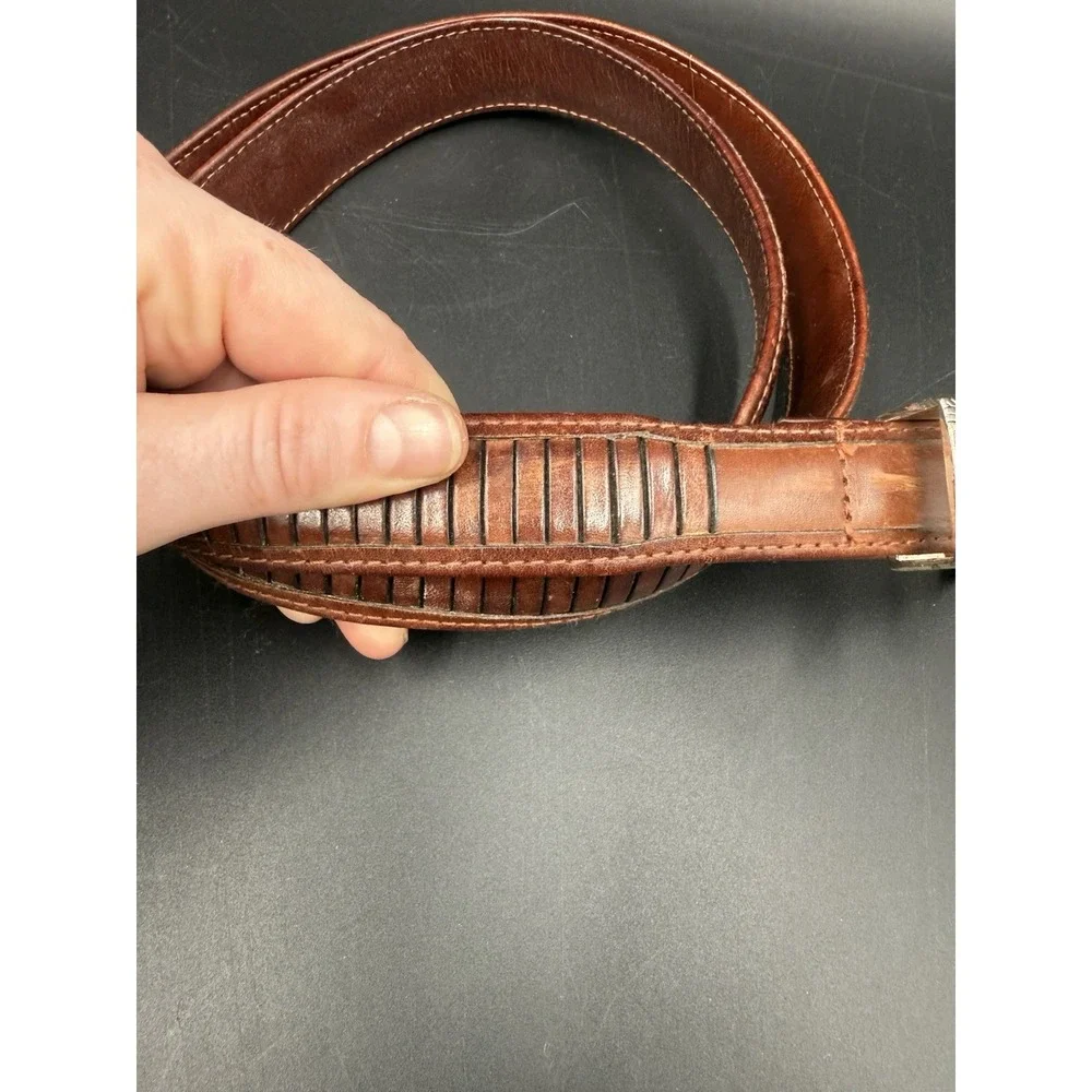 Vintage Ornament Western Brown Leather Belt Sz 42 Engraved Buckle & Keeper